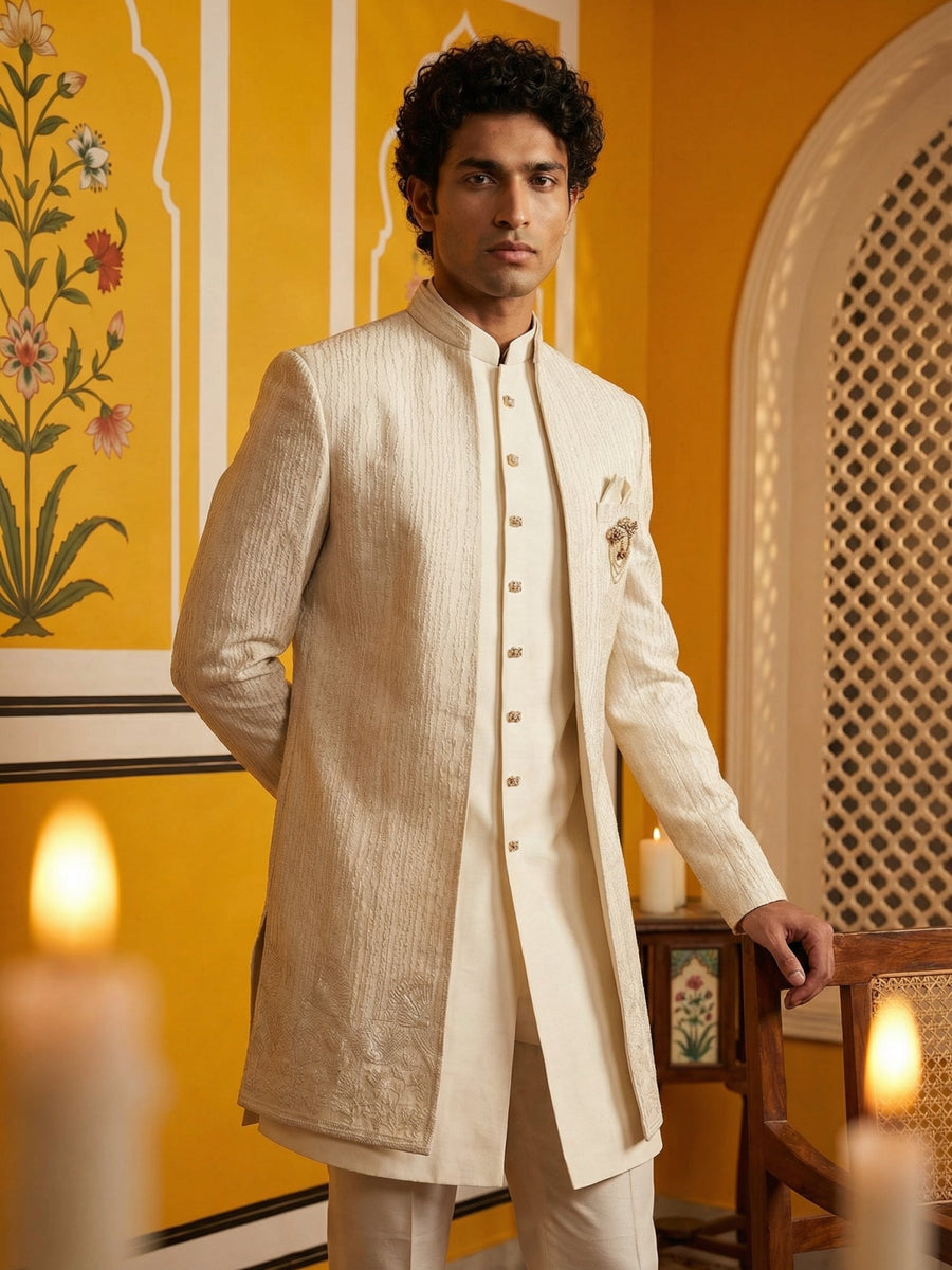Ivory Silk Blend Embroidered Indo-Western Set ( 50JIND 172Off-White S )
