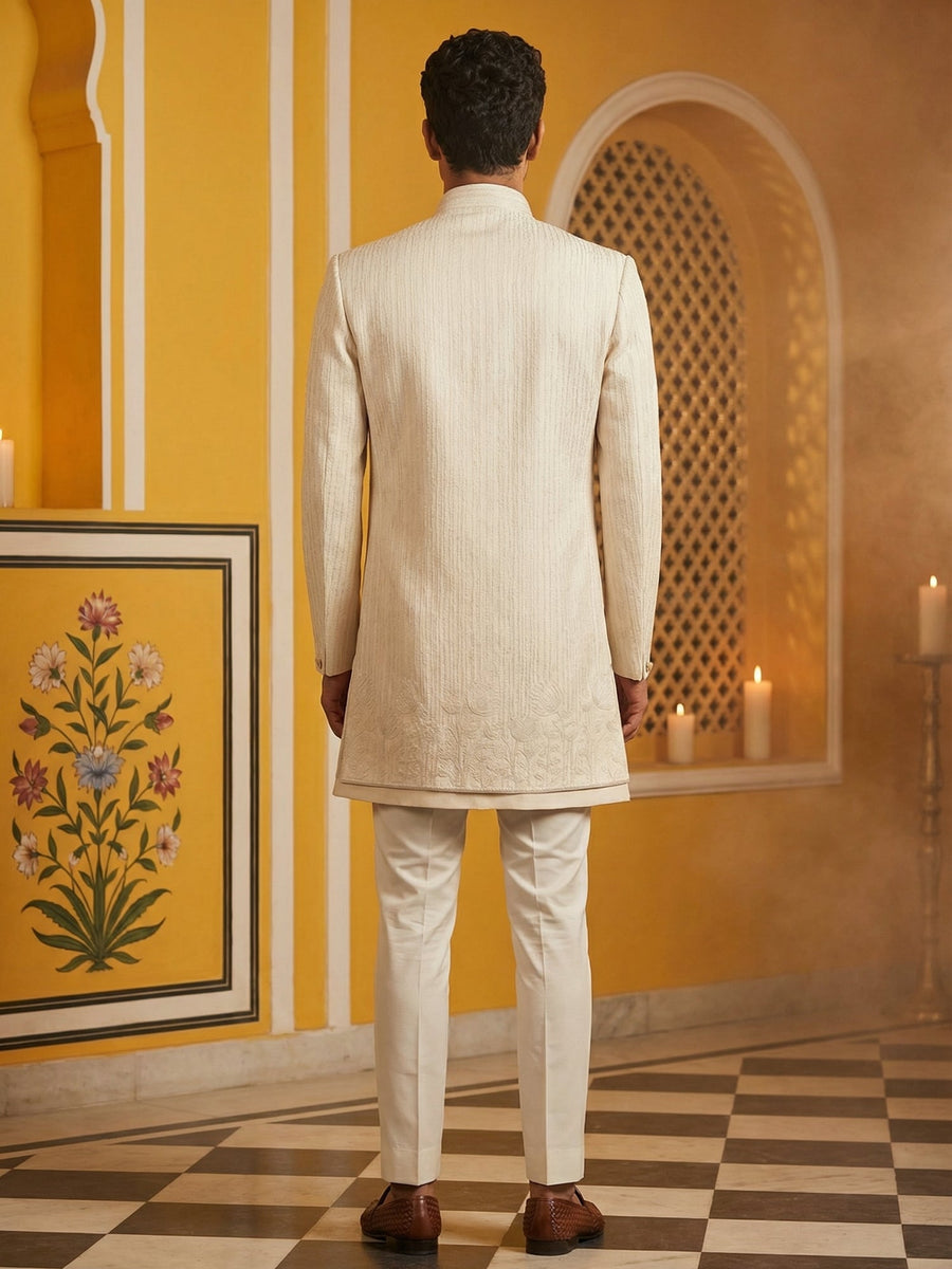 Ivory Silk Blend Embroidered Indo-Western Set ( 50JIND 172Off-White S )
