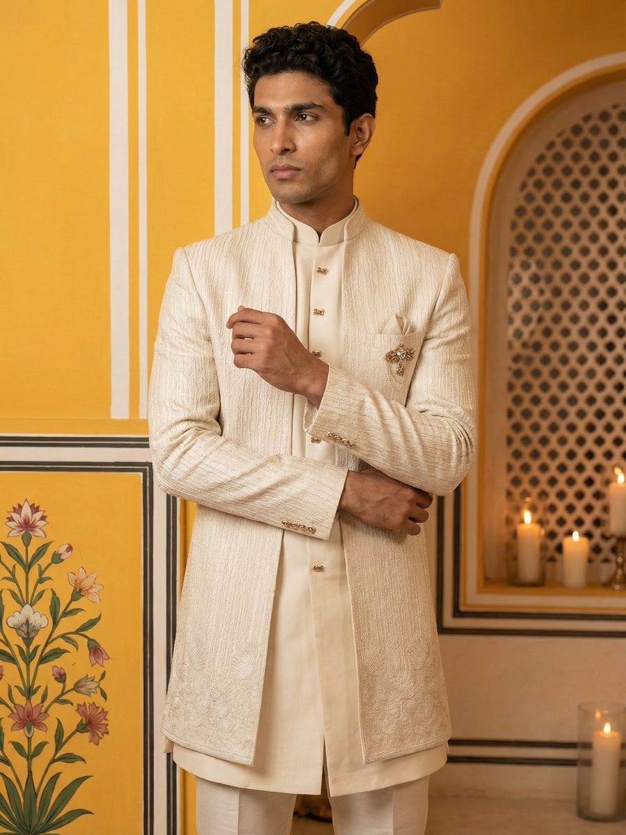 Ivory Silk Blend Embroidered Indo-Western Set ( 50JIND 172Off-White S )