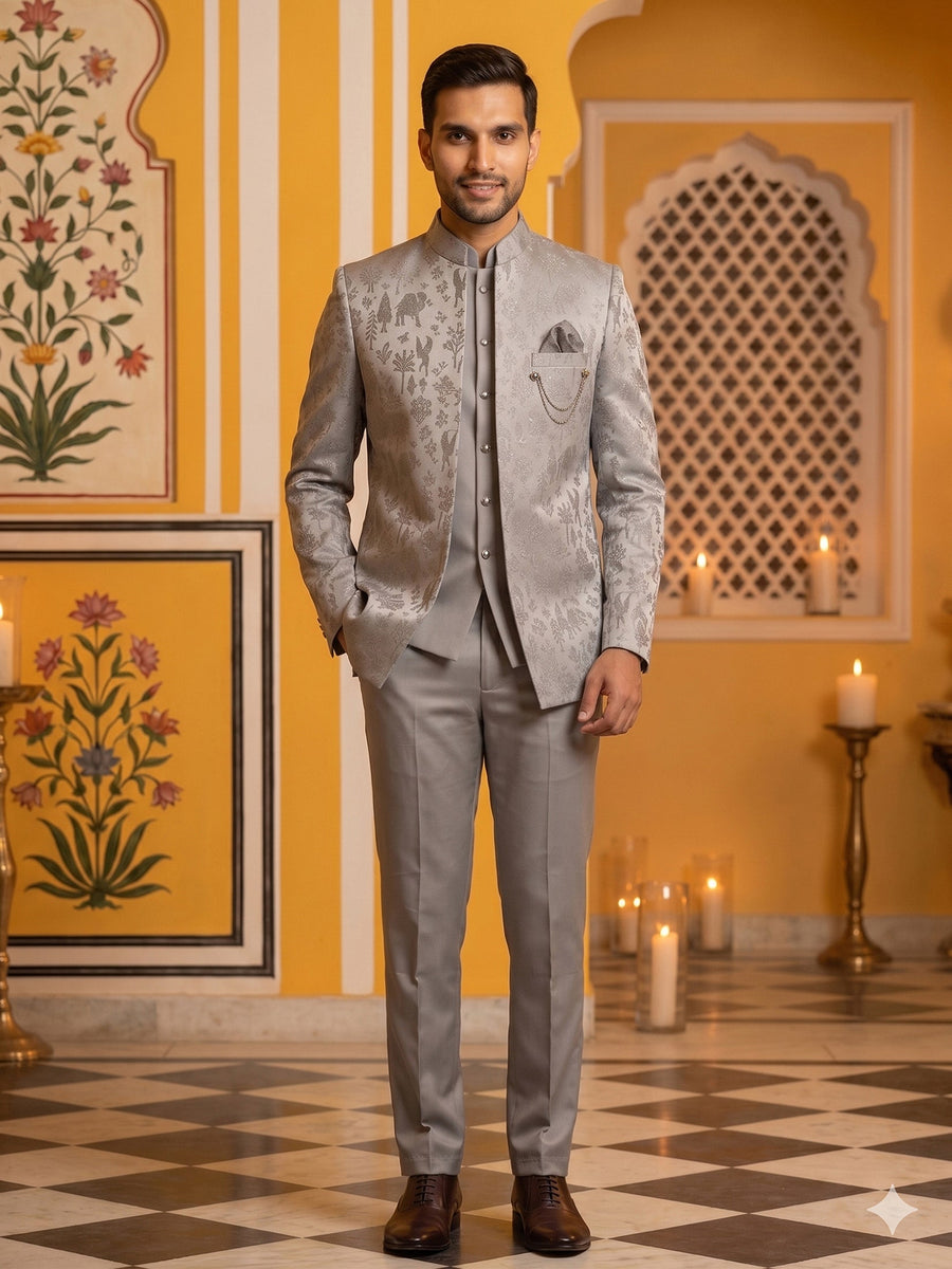 Premium Silk Jacquard Indo-Western Set for Men ( 50JIND 179Grey )