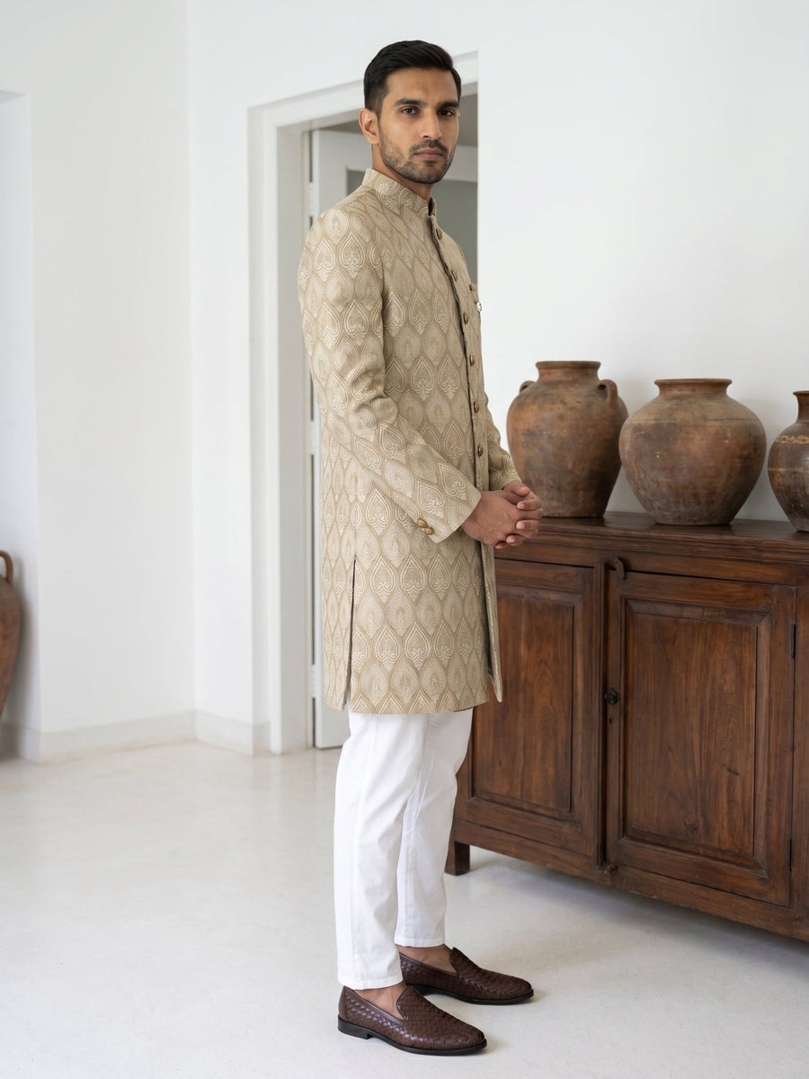 Festive Jacquard Indo-Western Suit Set ( 50JIND PJ5W 180Beige )
