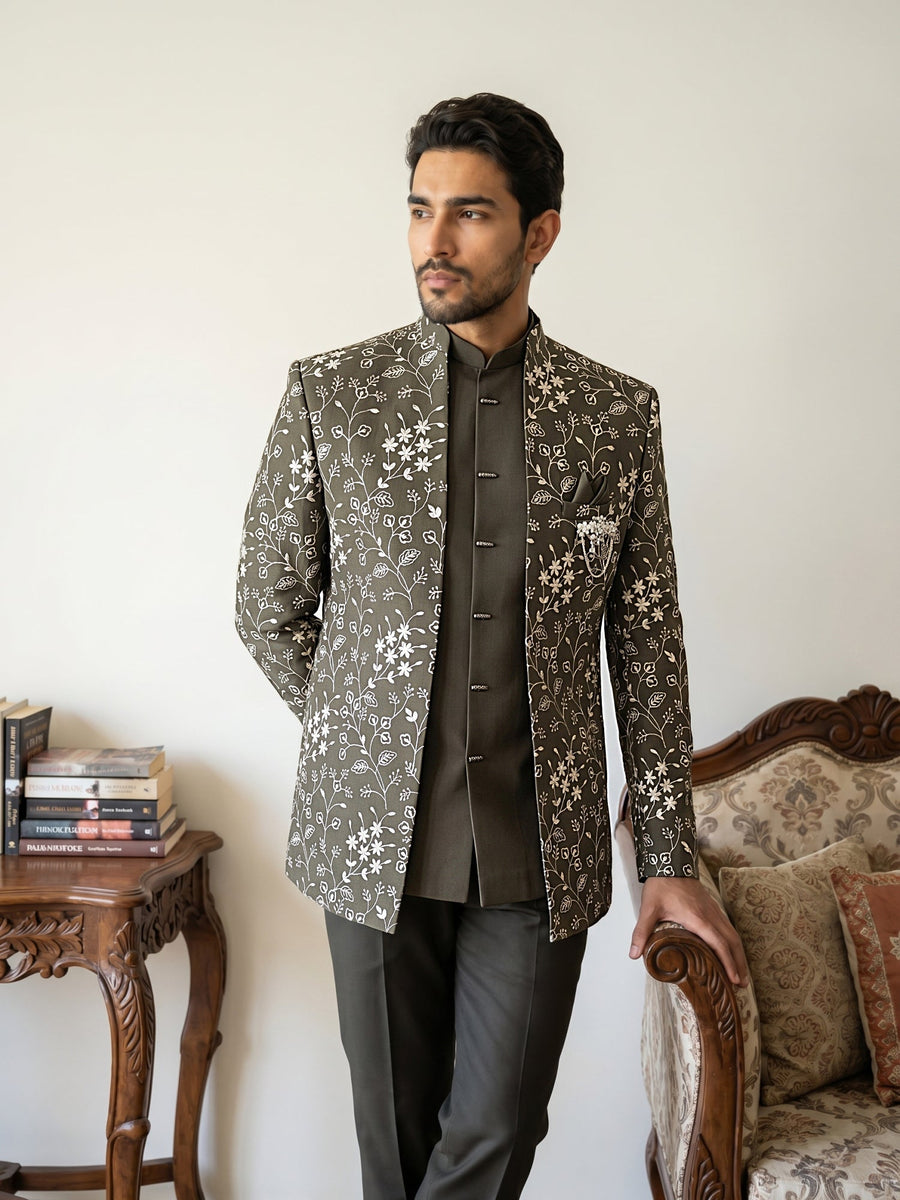 Imported Japanese Embroidered Indo-Western Set ( 50JIND 188Mehndi )
