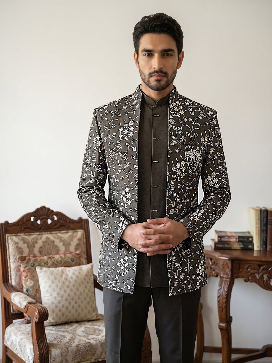 Imported Japanese Embroidered Indo-Western Set ( 50JIND 188Mehndi )