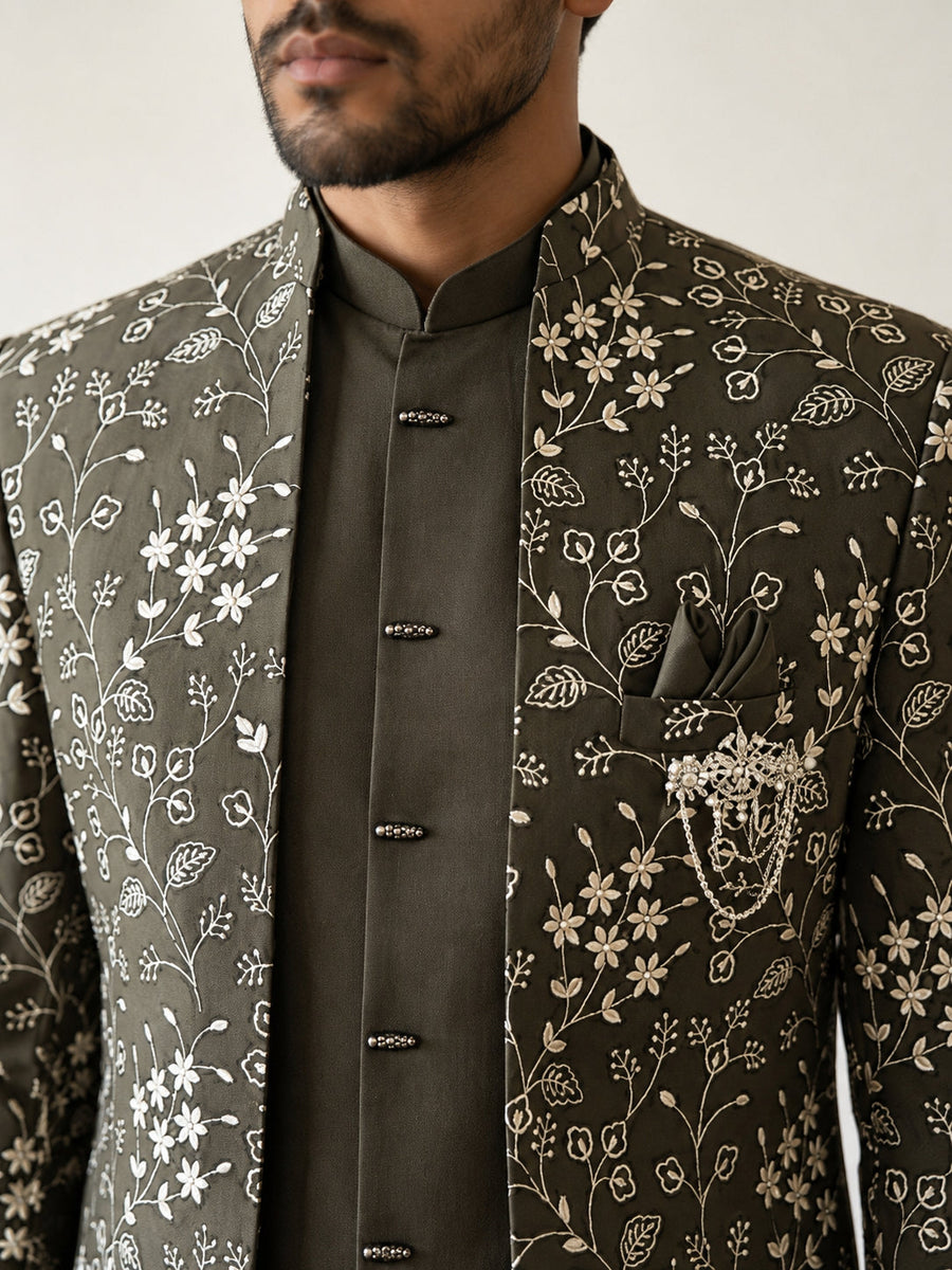 Imported Japanese Embroidered Indo-Western Set ( 50JIND 188Mehndi )