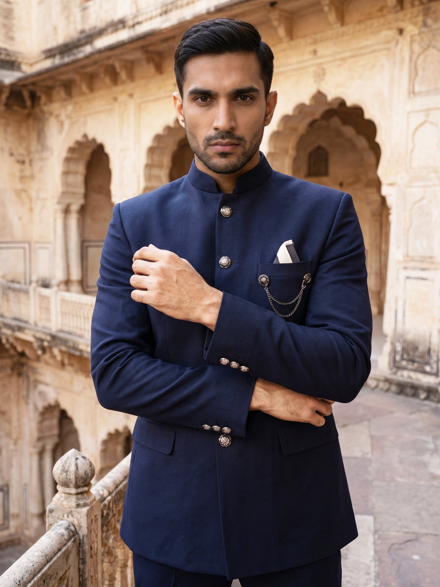 Premium Solid Japanese Fabric Indo-Western Set ( 50JIND 210Navy )