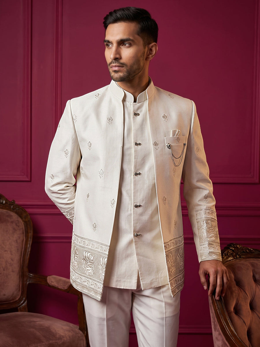 Men Ethnic Embroidered Indo-Western Set ( 50JIND 229White )