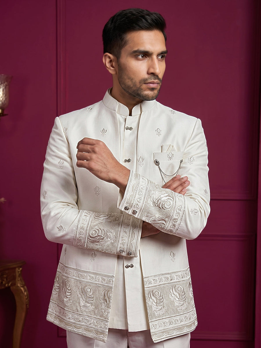 Men Ethnic Embroidered Indo-Western Set ( 50JIND 229White )