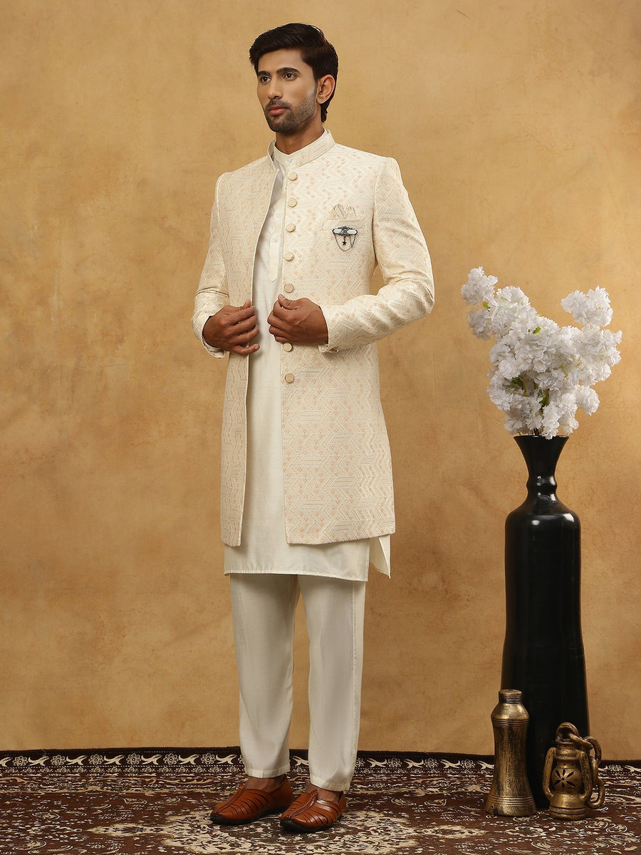 Jacquard Silk Embroidered Indo-Western Set ( 50JIND 592W 137Cream )