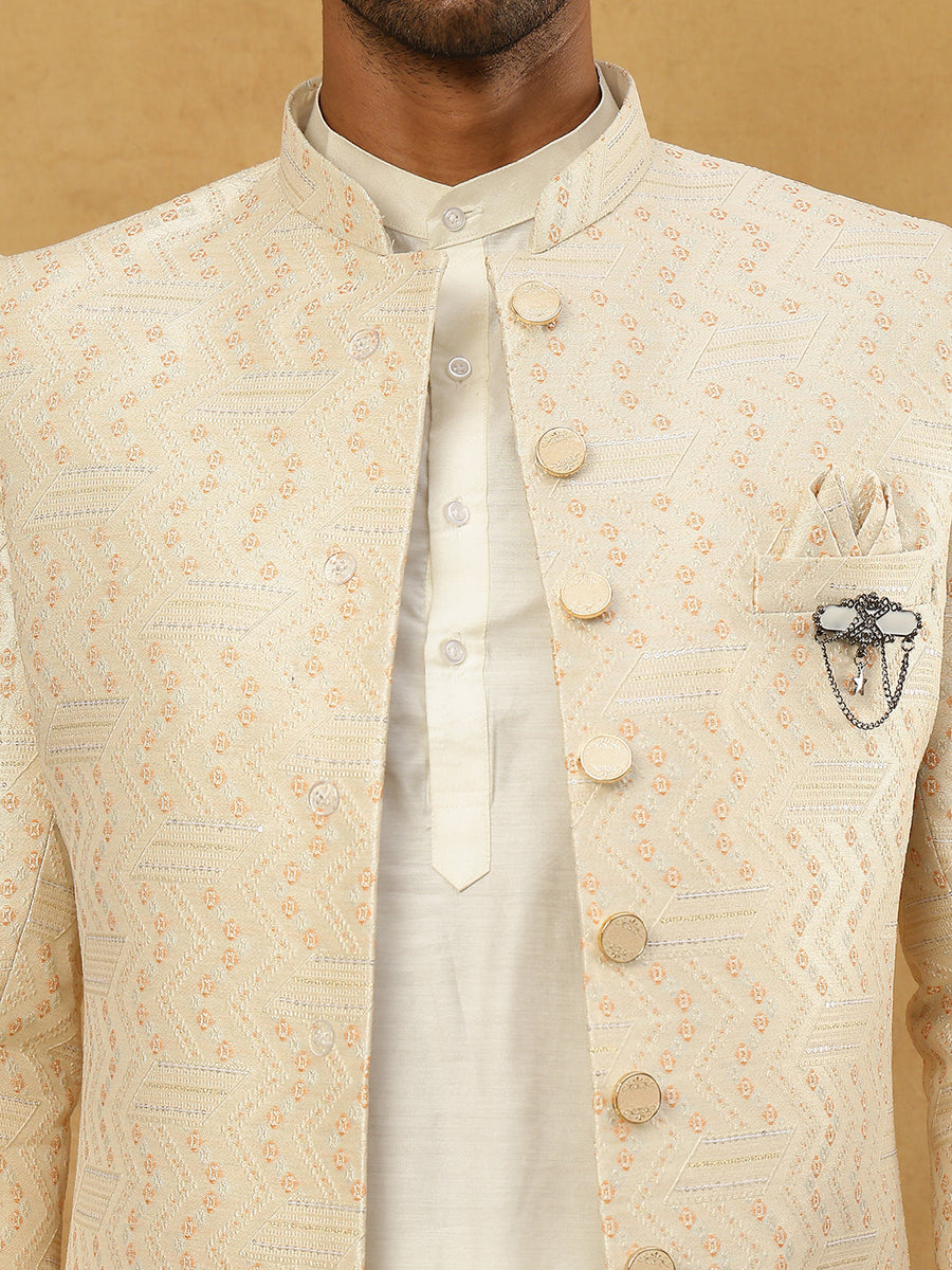 Jacquard Silk Embroidered Indo-Western Set ( 50JIND 592W 137Cream )