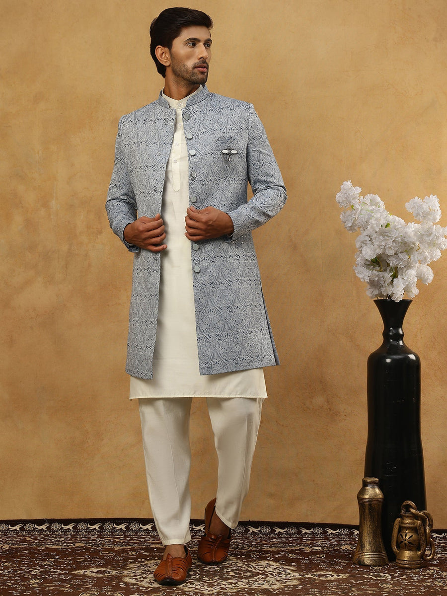 Paisley Jacquard Silk Indo-Western Set ( 50JIND 592W 168Grey )