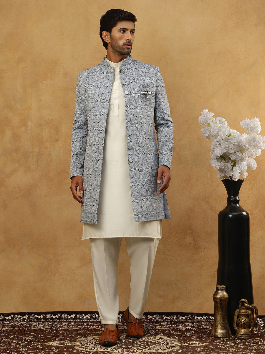 Paisley Jacquard Silk Indo-Western Set ( 50JIND 592W 168Grey )