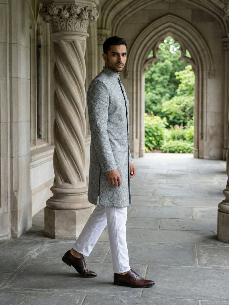Paisley Jacquard Silk Indo-Western Set ( 50JIND P5W 168Grey S )
