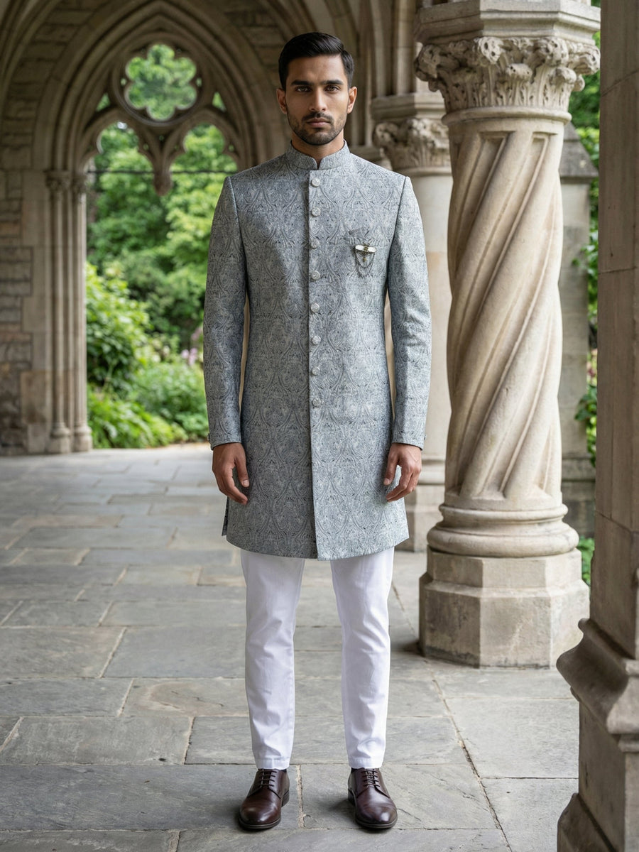 Paisley Jacquard Silk Indo-Western Set ( 50JIND P5W 168Grey S )