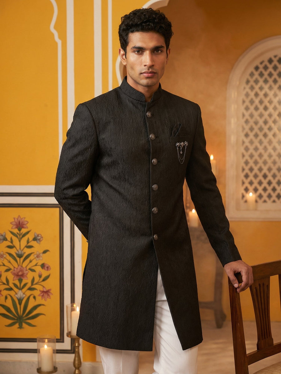 Silk Blend Woven Indo-Western Set ( 50JIND P5W 171Black S )