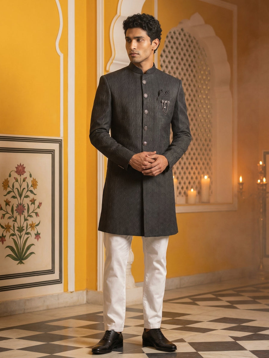 Silk Blend Woven Indo-Western Set ( 50JIND P5W 171Black S )