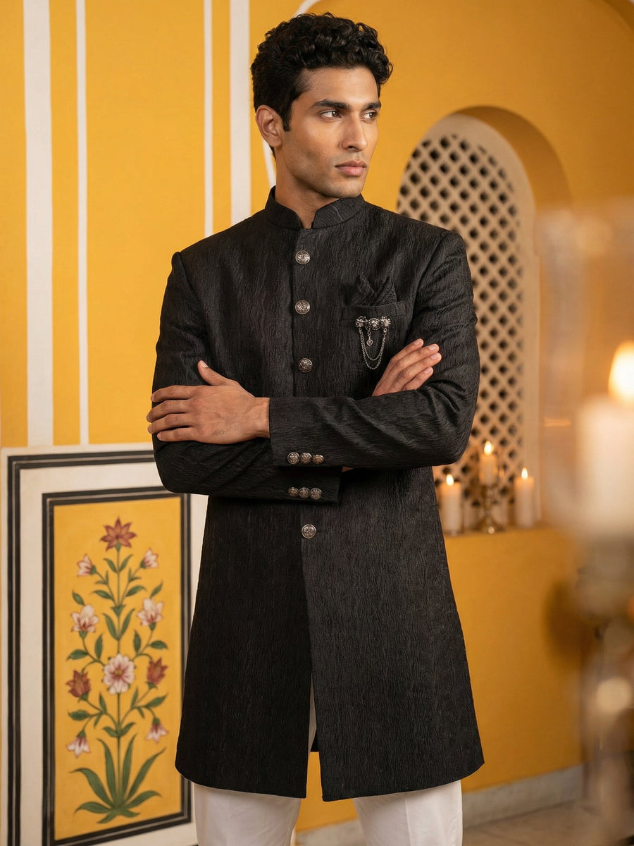 Silk Blend Woven Indo-Western Set ( 50JIND P5W 171Black S )