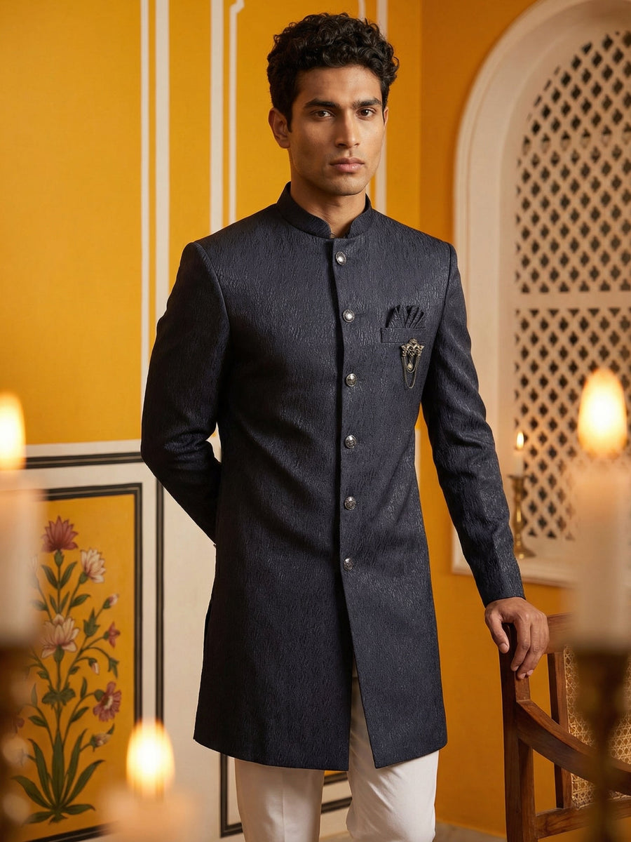Silk Blend Woven Indo-Western Set ( 50JIND P5W 171Navy S )
