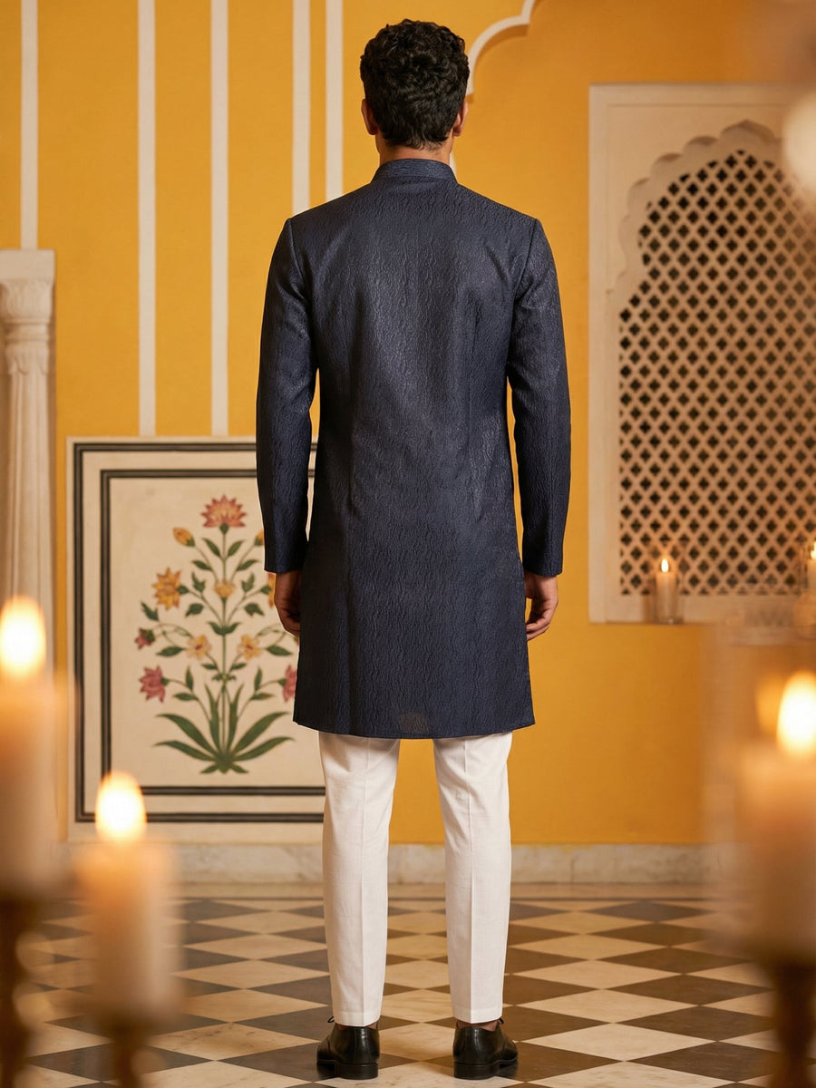 Silk Blend Woven Indo-Western Set ( 50JIND P5W 171Navy S )