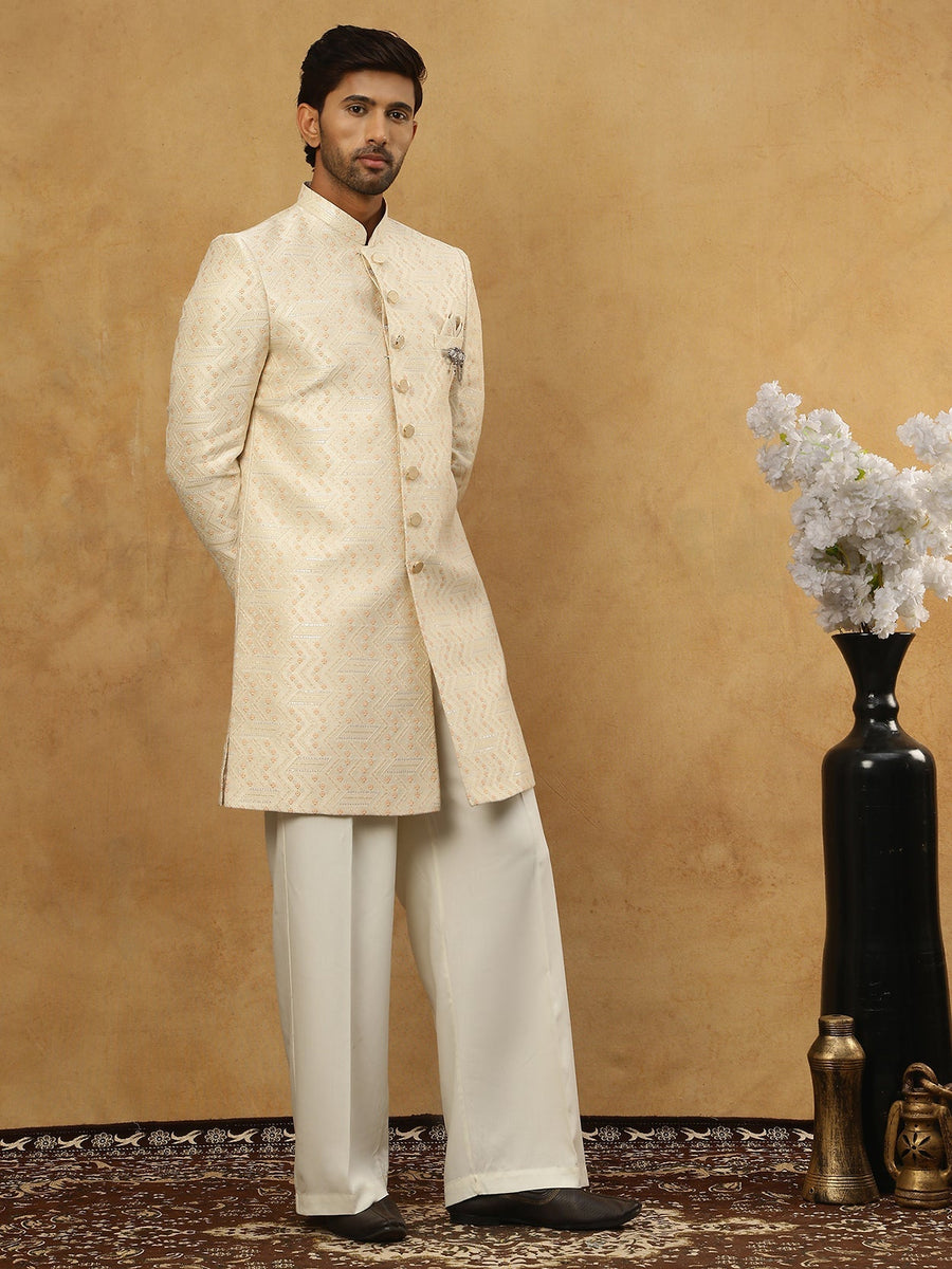 Jacquard Silk Embroidered Indo-Western Set ( 50JIND PJ11W 137Cream )