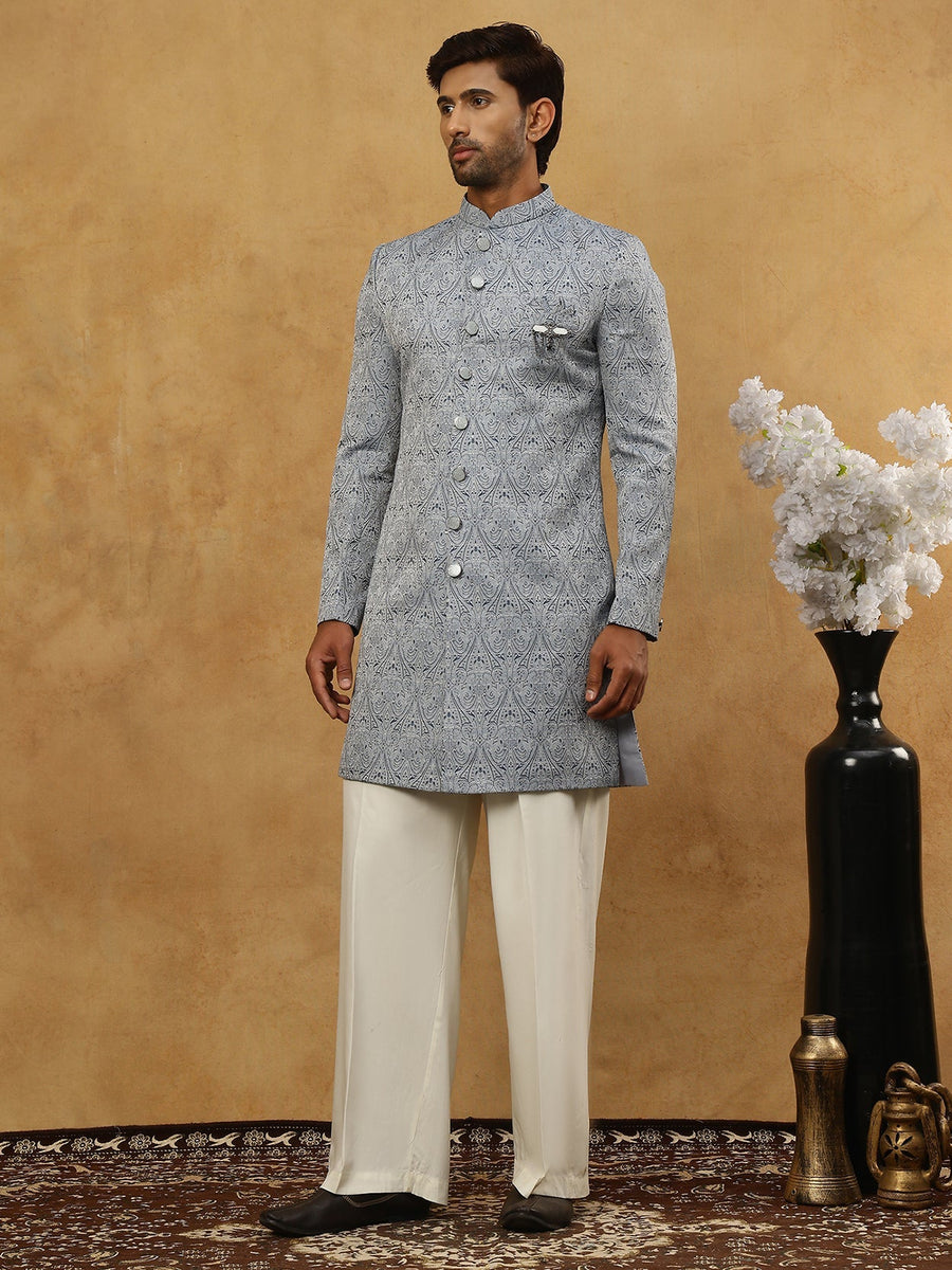 Paisley Jacquard Silk Indo-Western Set ( 50JIND PJ11W 168Grey )