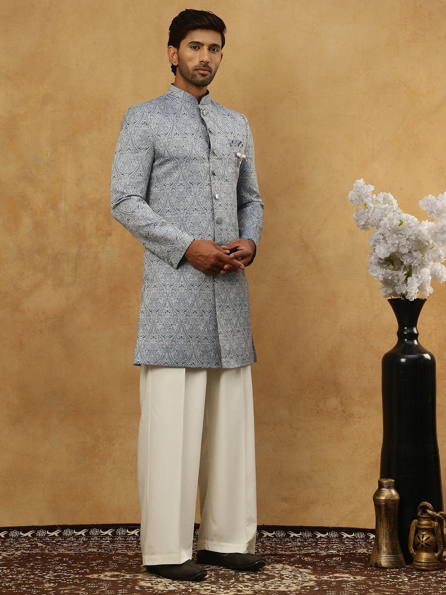 Paisley Jacquard Silk Indo-Western Set ( 50JIND PJ11W 168Grey )