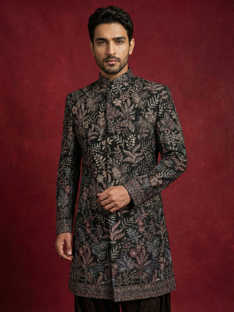 Embroidered Velvet Indo-Western Set for Men ( 50JIND S7B 142Black S )
