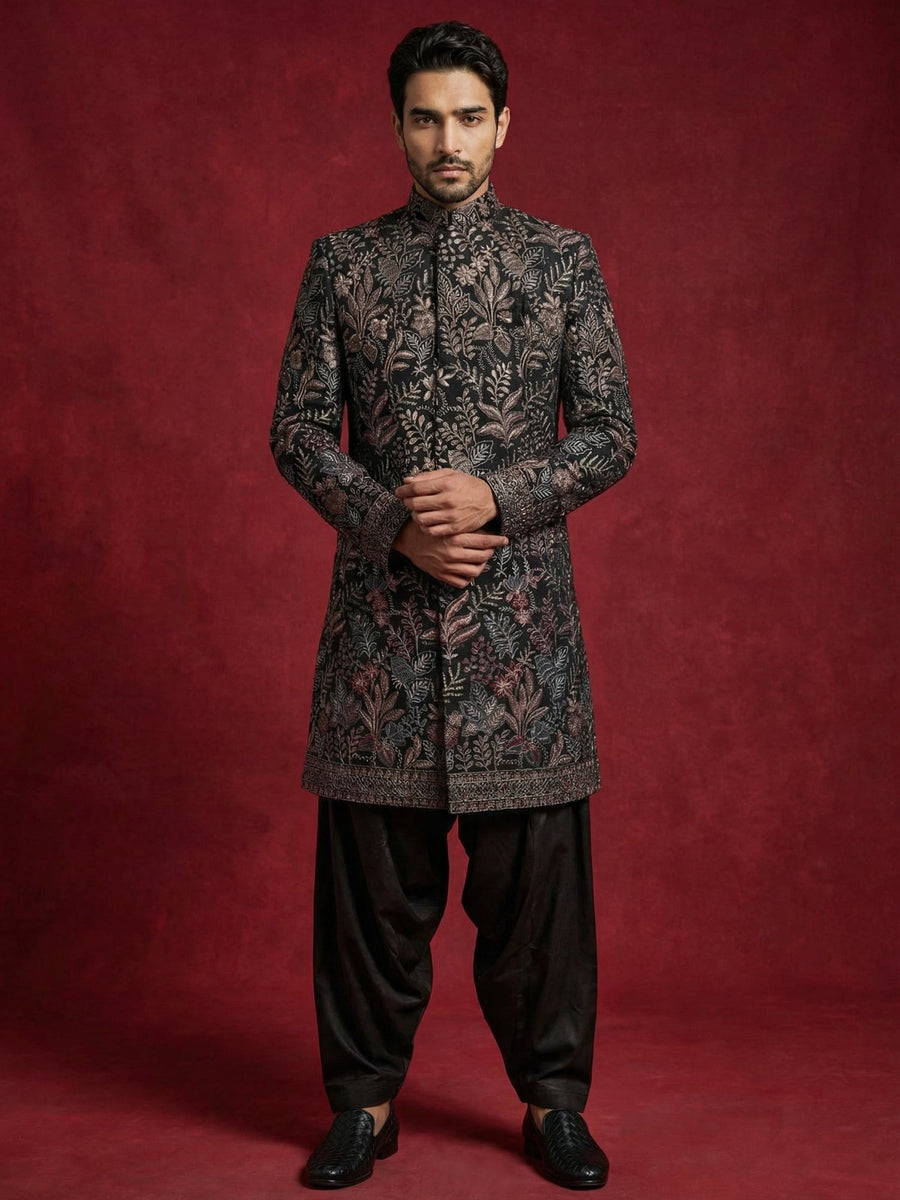 Embroidered Velvet Indo-Western Set for Men ( 50JIND S7B 142Black S )