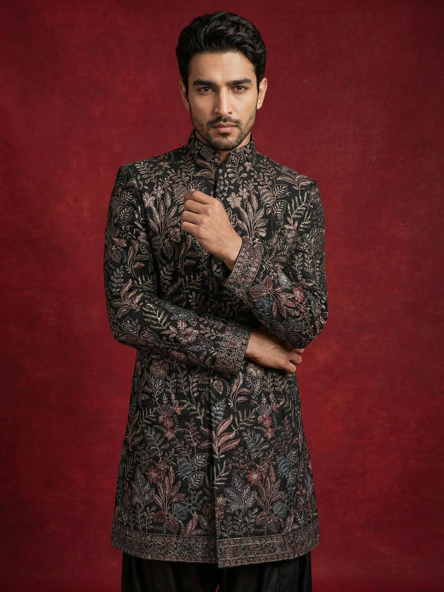 Embroidered Velvet Indo-Western Set for Men ( 50JIND S7B 142Black S )