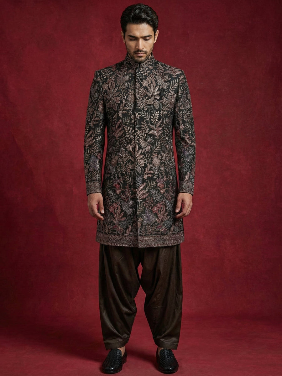 Embroidered Velvet Indo-Western Set for Men ( 50JIND S7B 142Black S )