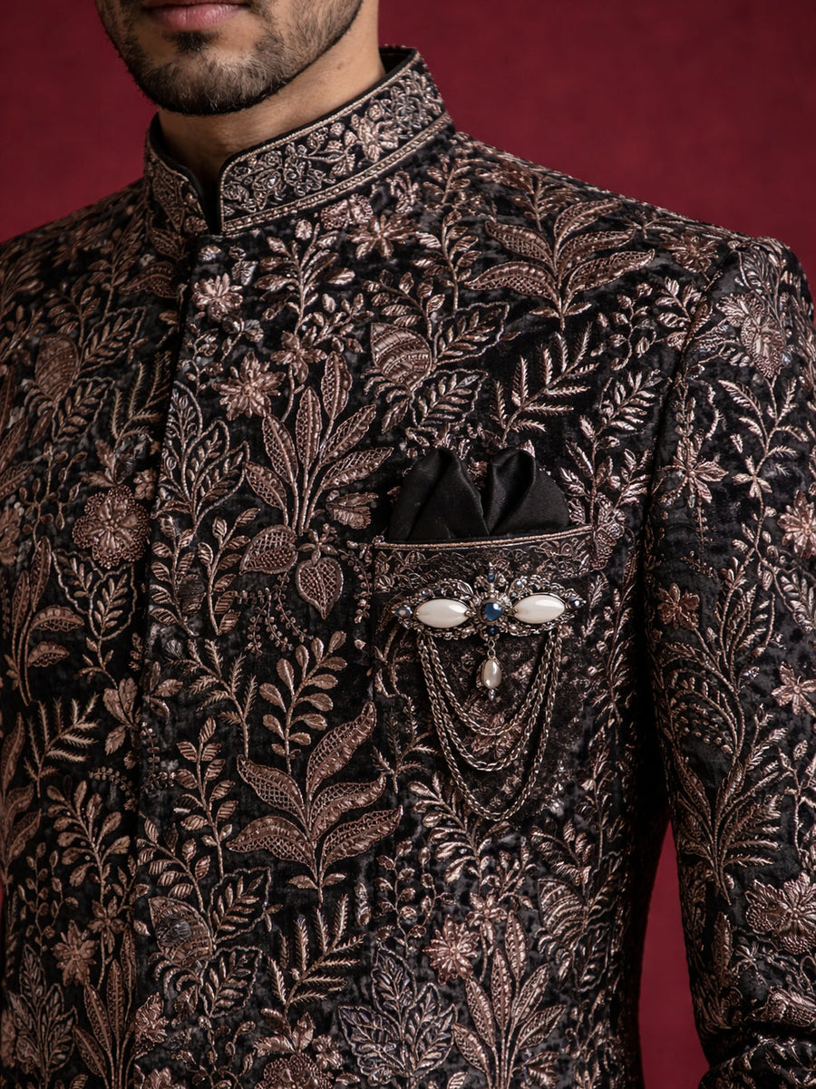 Embroidered Velvet Indo-Western Set for Men ( 50JIND S7B 142Black S )