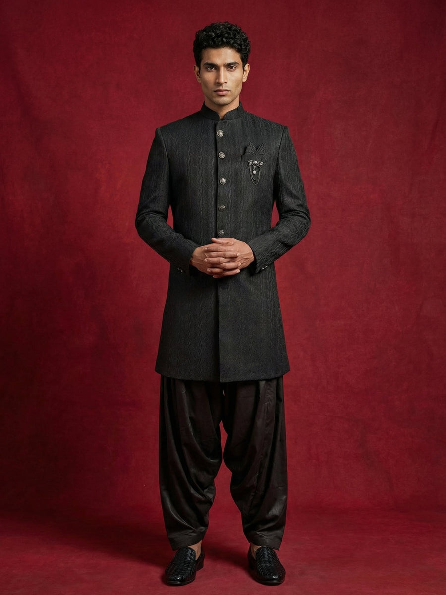 Silk Blend Woven Indo-Western Set ( 50JIND S7B 171Black S )