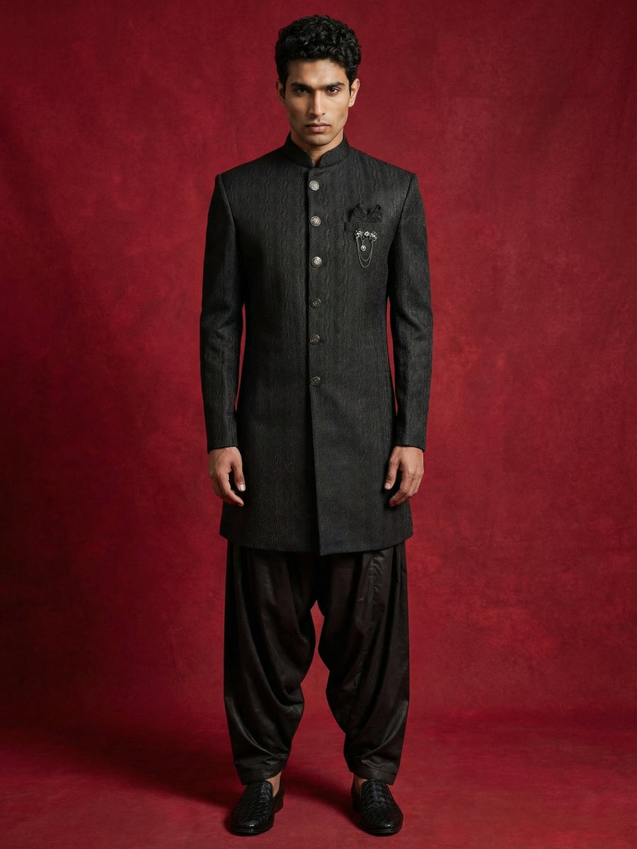 Silk Blend Woven Indo-Western Set ( 50JIND S7B 171Black S )