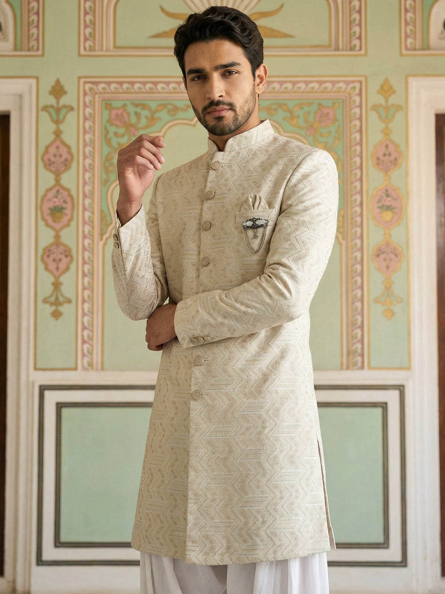 Jacquard Silk Indo-Western Set ( 50JIND S7W 137Cream S )
