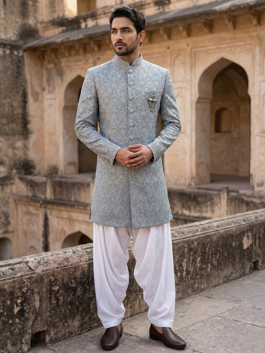 Paisley Jacquard Silk Indo-Western Set ( 50JIND S7W 168Grey S )