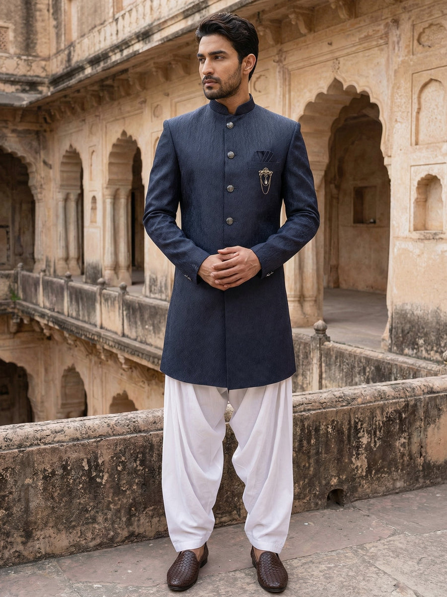 Silk Blend Woven Indo-Western Set ( 50JIND S7W 171Navy S )