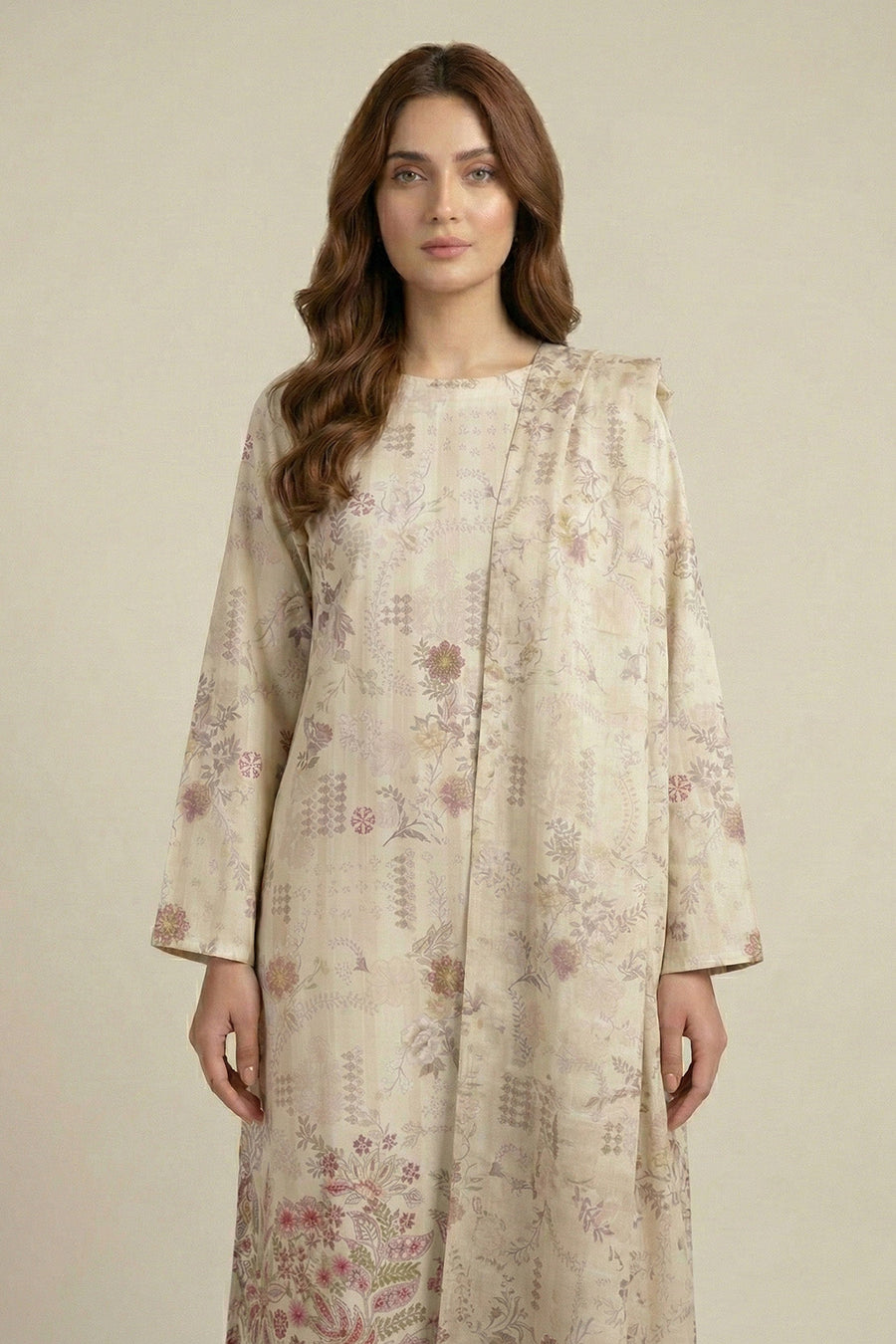 Cream Floral Chikankari Lawn Suit with Dupatta – 3PC Embroidered Dress