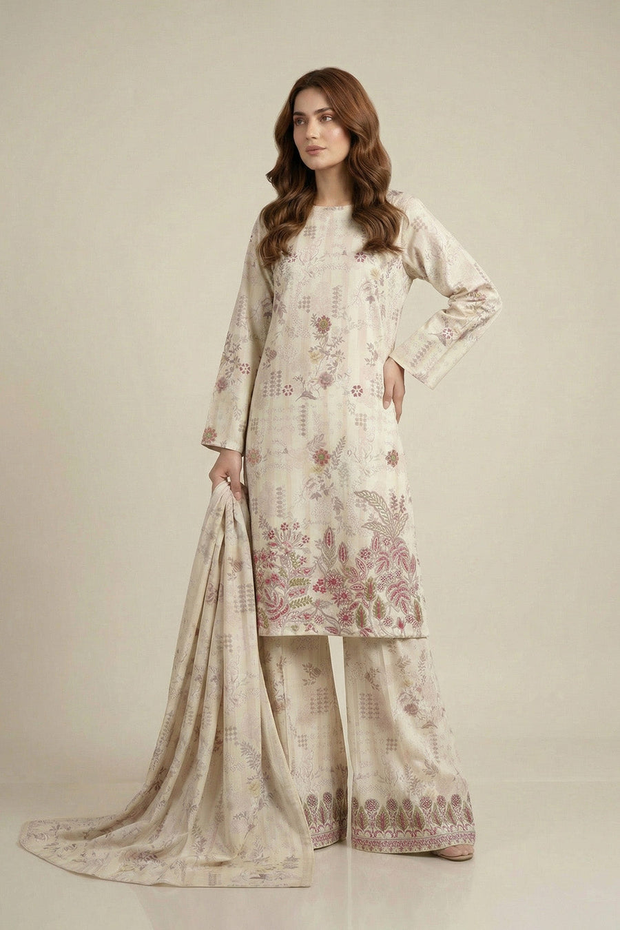 Cream Floral Chikankari Lawn Suit with Dupatta – 3PC Embroidered Dress