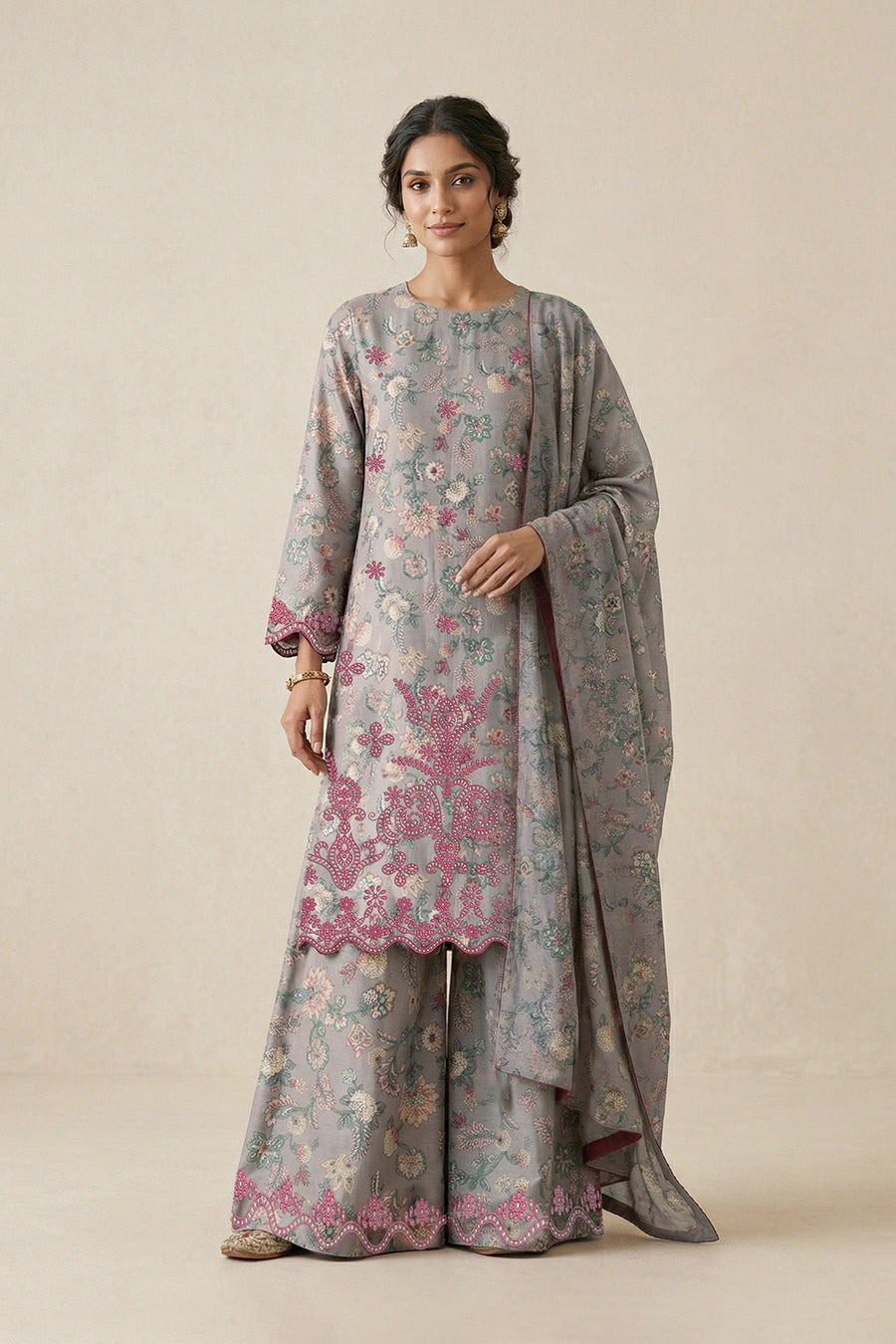 Silver Grey Chikankari Lawn Ensemble – 3 Piece Suit