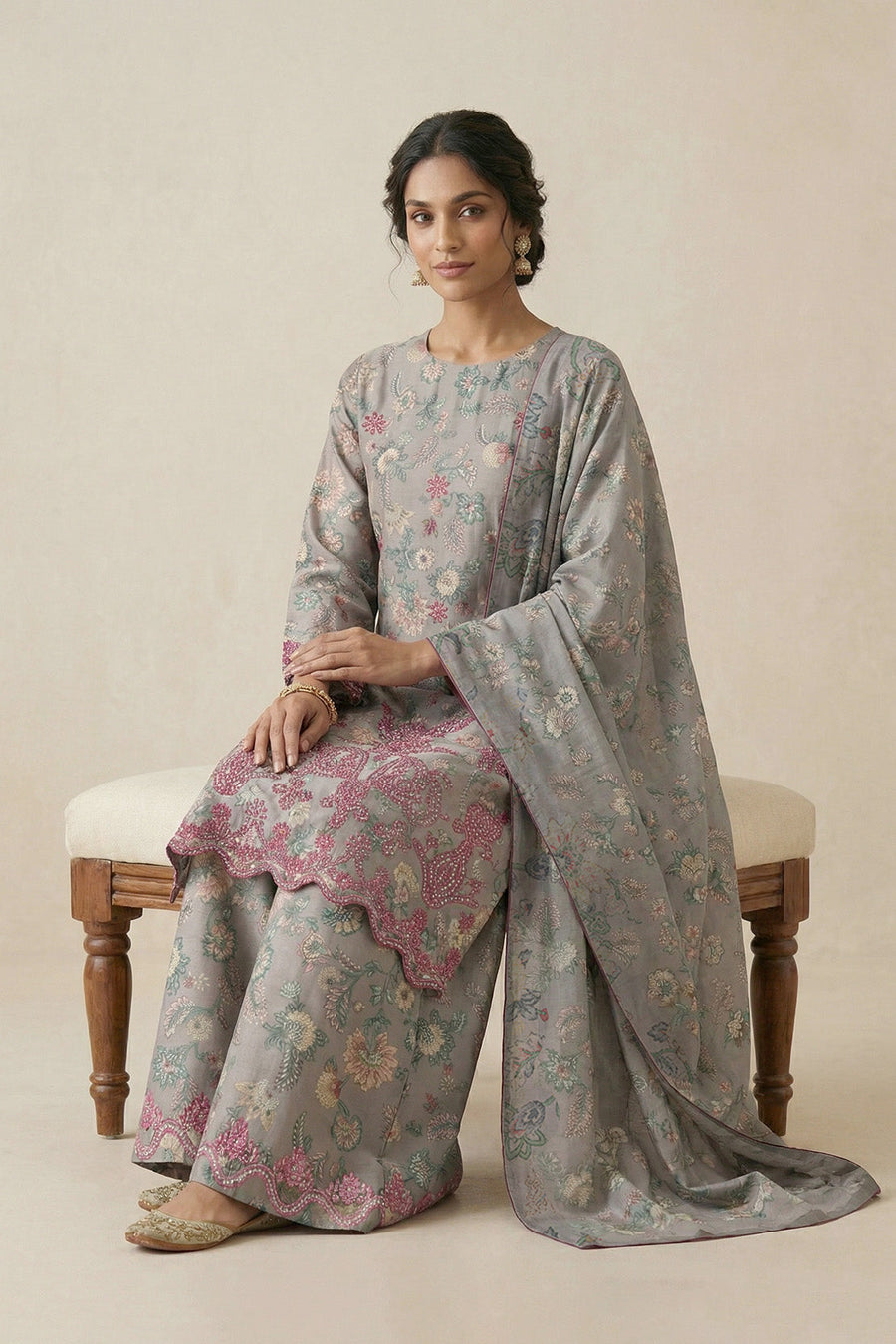 Silver Grey Chikankari Lawn Ensemble – 3 Piece Suit