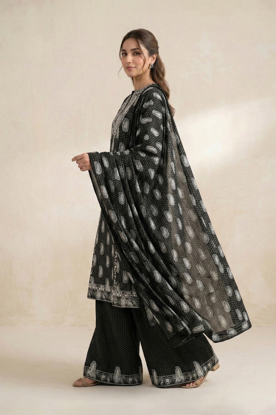 Black Chikankari Embroidered Lawn Suit with Dupatta – 3PC Dress