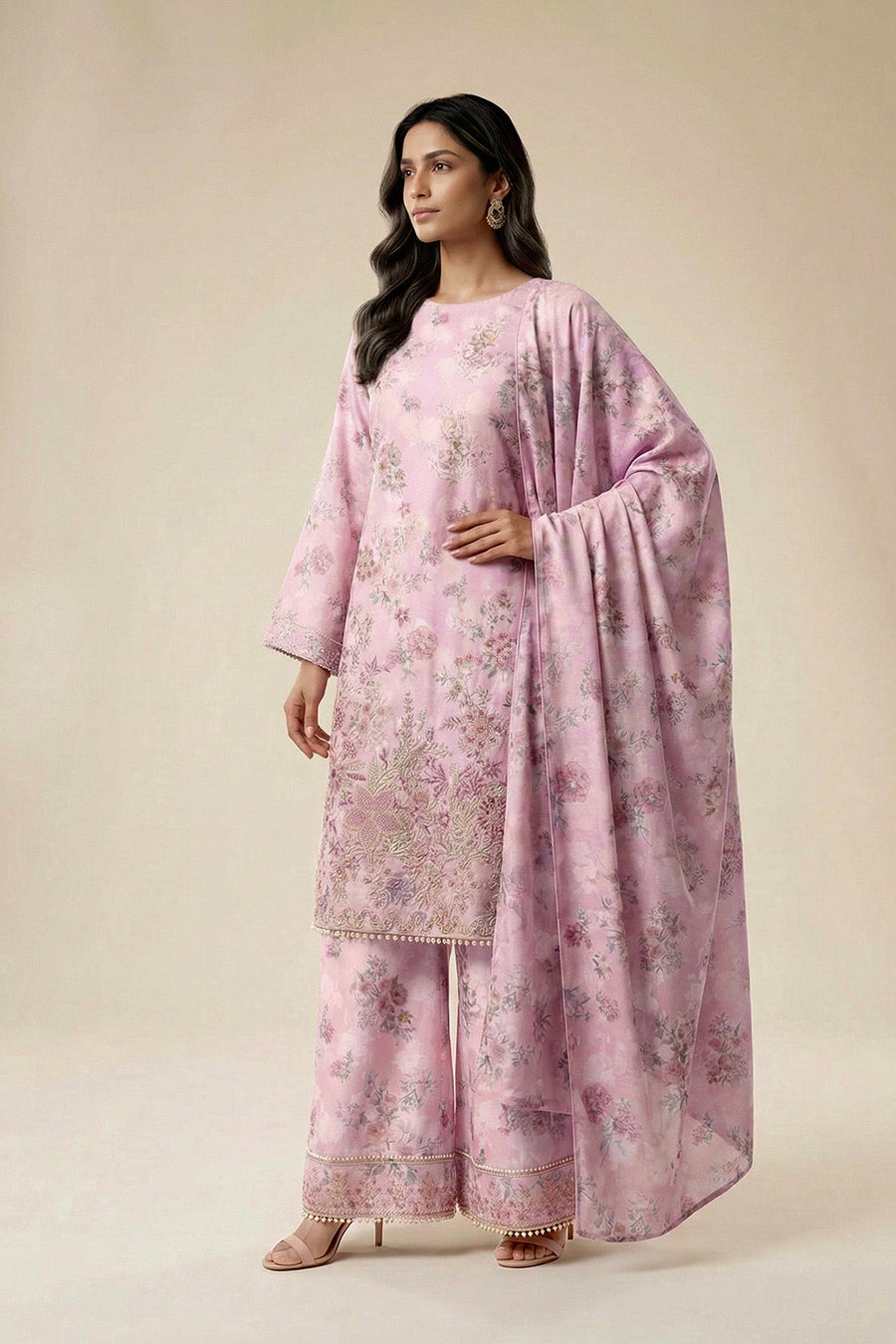 Lilac Floral Chikankari Lawn Suit with Dupatta – 3PC Embroidered Dress