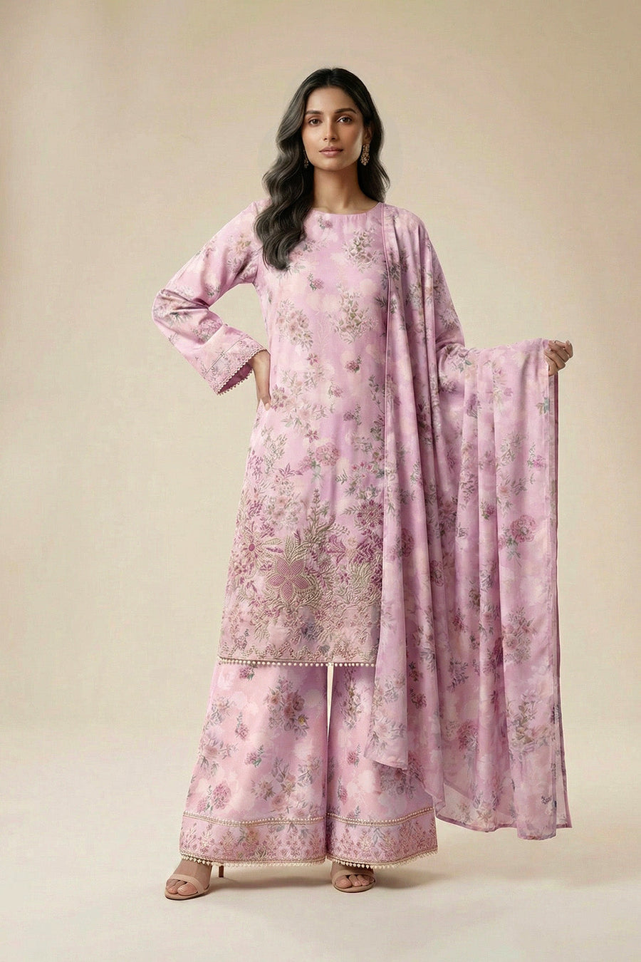 Lilac Floral Chikankari Lawn Suit with Dupatta – 3PC Embroidered Dress