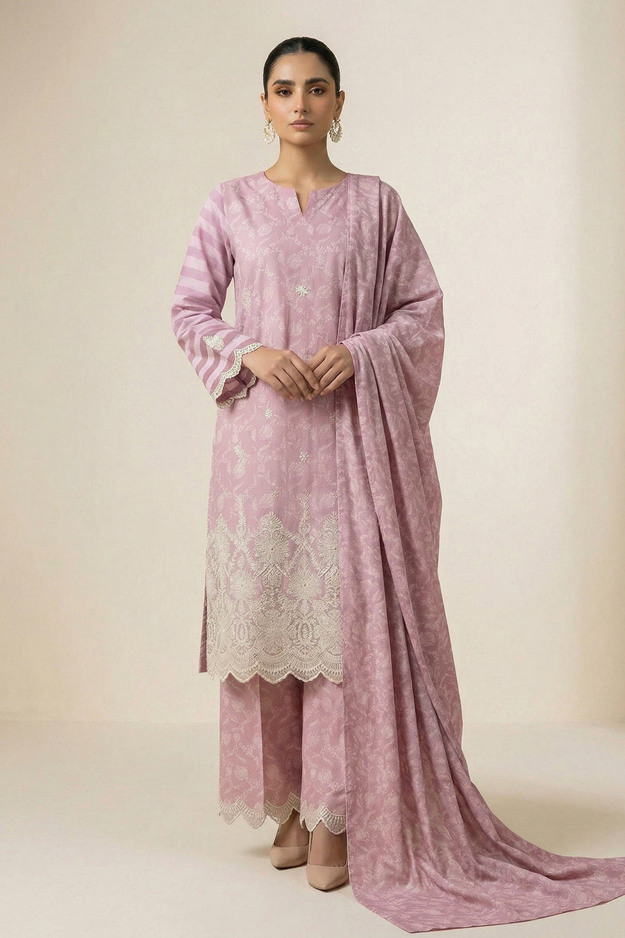 Pink Chikankari Embroidered Lawn Suit with Dupatta – 3PC Dress