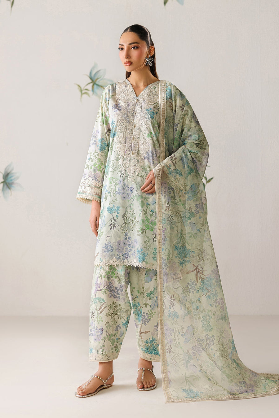Woman wearing embroidered floral lawn shirt with pearl detailed neckline, matching trousers, and sheer dupatta
