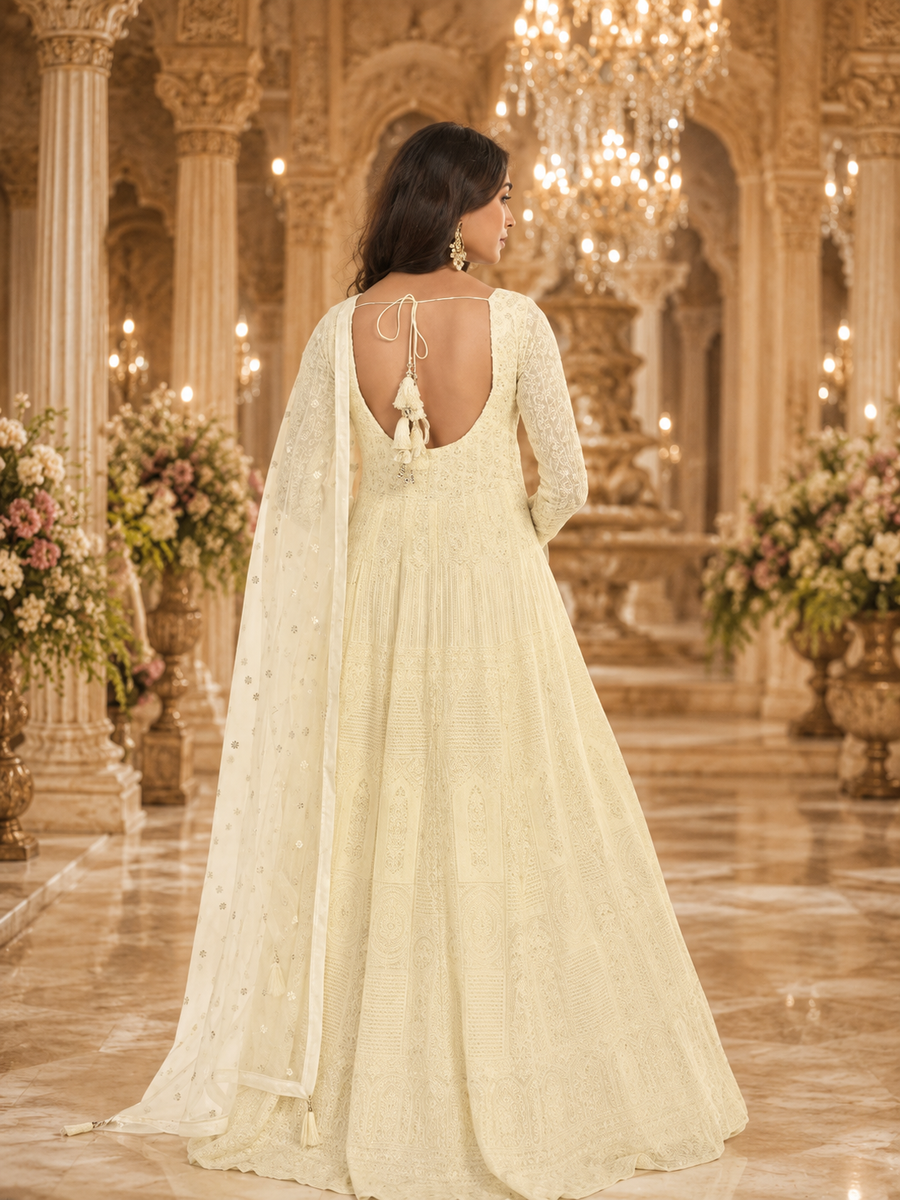 Royal Cream Lucknowi Chikankari Designer Gown with Embroidered Dupatta