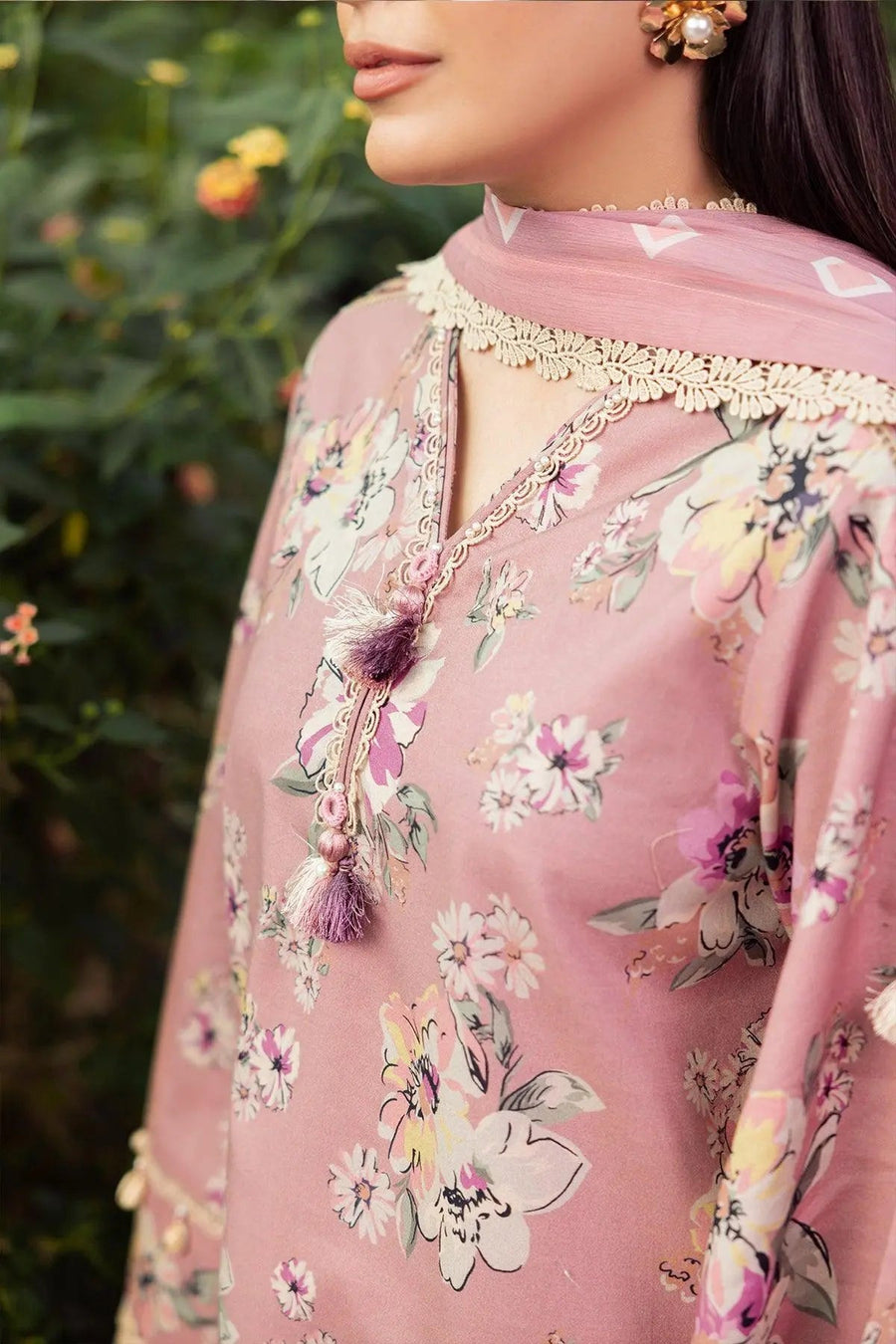 Dusty Pink Floral Printed Lawn Suit with Chiffon Dupatta
