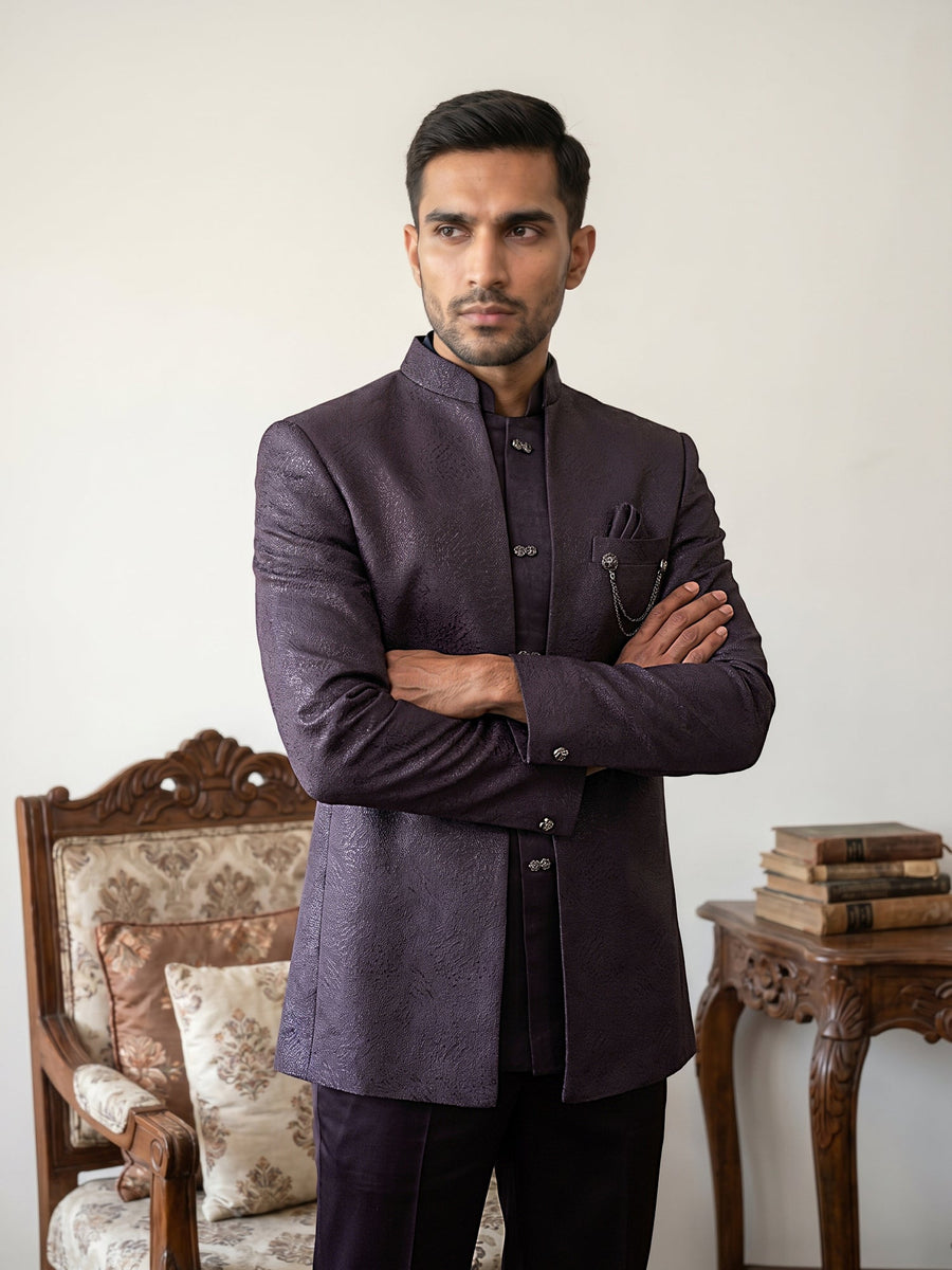 Men's Woven Design Indo-Western Set ( 50JIND 222Purple )