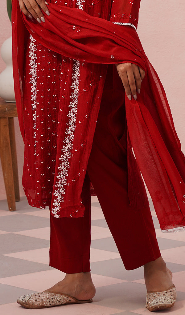 Saziya Women's Lakhnavi Handcrafted Mul Chanderi Chikankari Stitched Kurta, Dupatta And Pant Set
