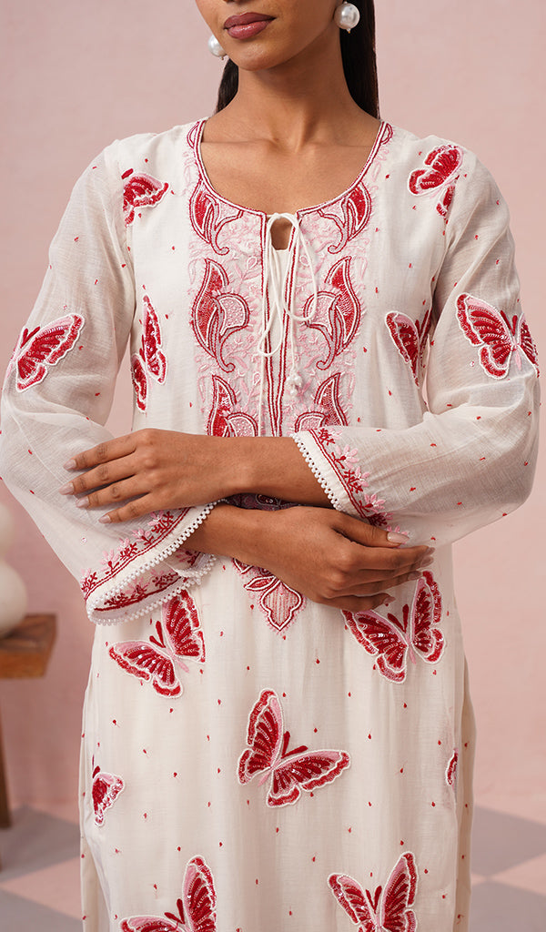 Titlee Women's Lakhnavi Handcrafted Mul Chanderi Chikankari Stitched Kurta, Dupatta And Pant Set