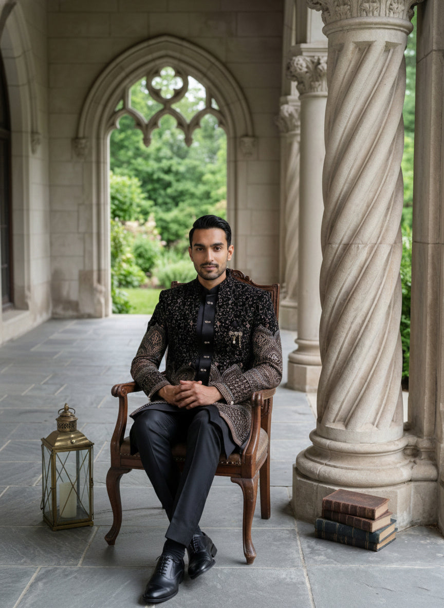 Men’s Black Embroidered Indo-Western Set ( 50JIND 130Black S )